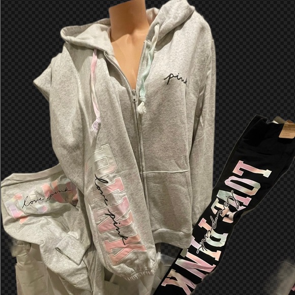 New Victoria’s Secret pink Tie dye 3 PC set sweatshirt sweatpants & tee shirt - Picture 9 of 10